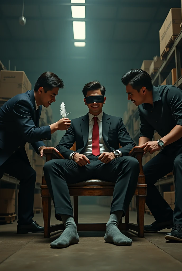 Malaysia malay handsome 20 years student 
He laugh very hard
His hand tied up  in warehouse 
Blindfolded
Hand handcuff
Black vest orange tie
Focus feet on desk
feather duster tickle feet desk
 shoes on desk 
Black stinky sock
2 man holding feather  duster 
