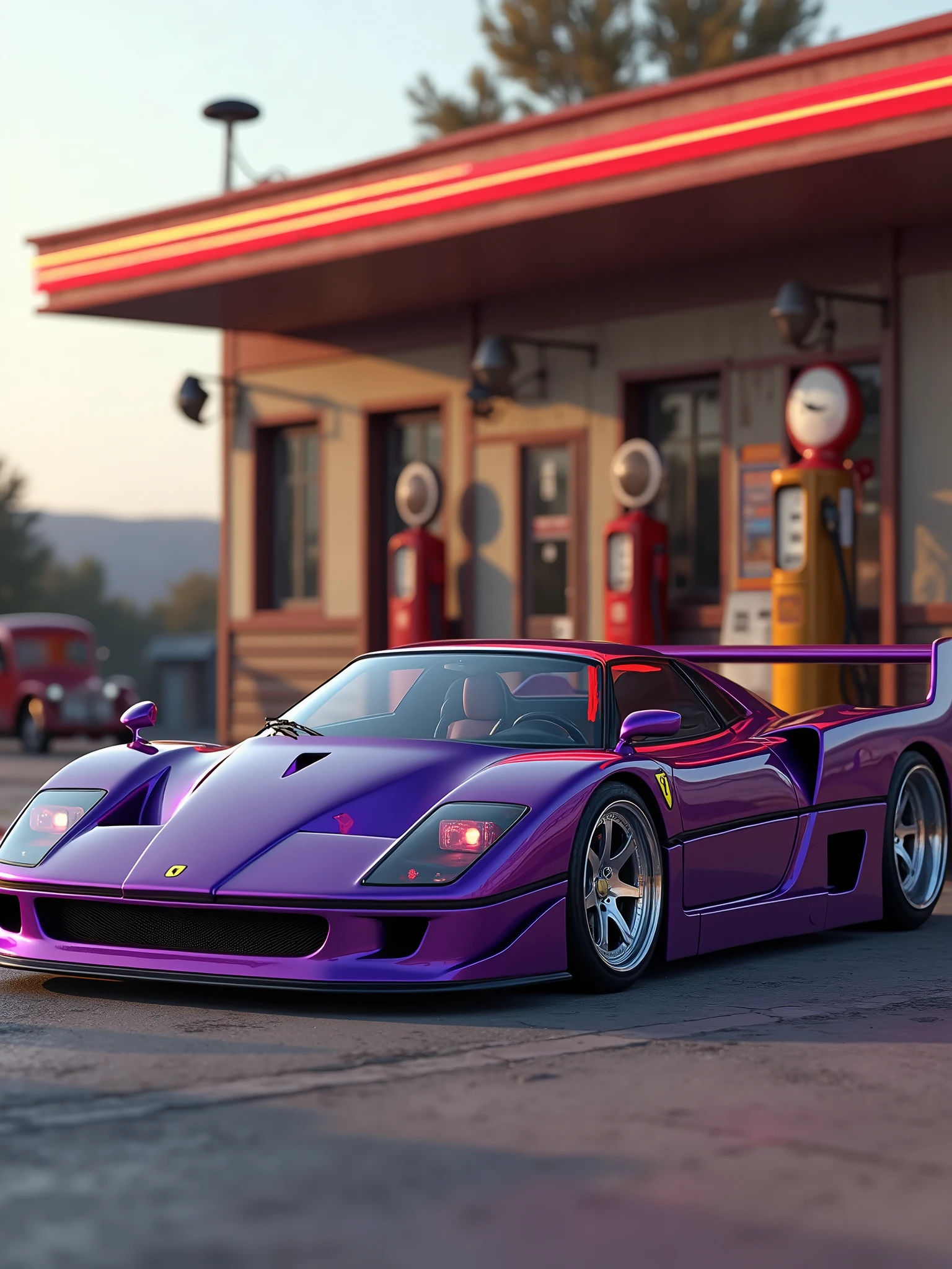 Fusion of purple lamborghini and Ferrari F-40 classic parked in front of a gas station, highly detailed hyper real retro, vehicle photography, car photography, automotive photography, octane ray tracing, photo realistic octane render, auto photography, detailed cinematic photography, classic cars, lamborghini diablo, Ferrari F-40,noctane cgsociety, wide body, photo, vibrant