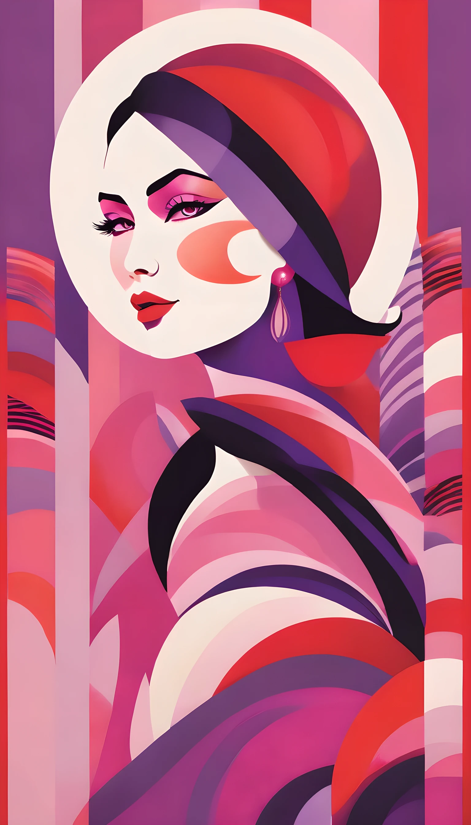 A stylized illustration of a Woman, with layers of color, in shades of pink and purple, set against a vibrant background with bold red lines that create dynamic patterns around the petal edges. The overall feel is playful yet sophisticated, suitable for modern art prints or digital illustrations. In the style of a children's book illustrator or warfare artist 