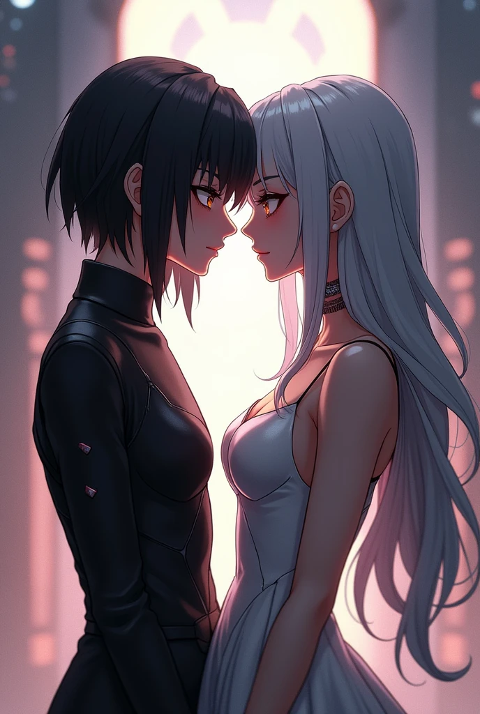Sanakan and Cibo from Blame! Manga in a wedding dress), (sci-fi theme) Eyes staring at each other, suit black hair, dress striking silver hair, Futuristic atmosphere of the outfit A soft but bright light shines from above. Intimate and romantic atmosphere Highly detailed, exceptionally detailed, cinematic quality, emotionally charged scenes.