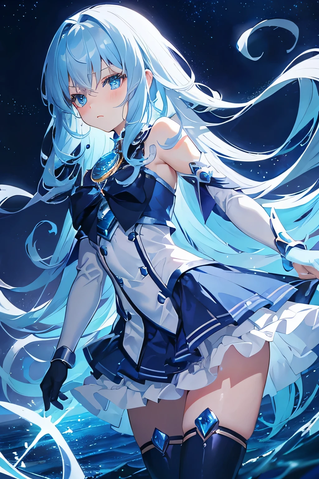 cute; cold expression; blue hair; Blue Night; magical girl; anime design; mysterious and dark outfit; long hair; middle school girl; western sea goddess; face hidden; darker color outfit