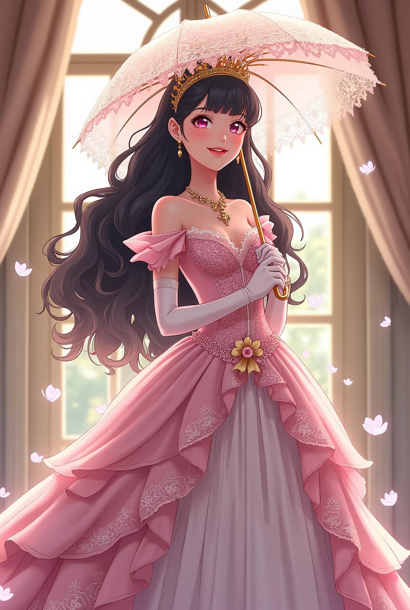 (best quality,4k,8k,highres,masterpiece:1.2),ultra-detailed, closed up portrait of a Teenage boy who got magically transformed into a cute princess, gender bending, fantasy, royalty, fantastic transformation, Medium: Anime-style, portraits Additional details: Soft sunlight filters through the curtains, casting a warm glow on the room. pink eyes, long curly black hair, is happy, joyful expression, playful and feminine pose, effeminate and dainty body, very girly face, long eyelashes, beautifully detailed lips with lipstick, pink puffy victorian gown, dominant hues of pink and white, bodice with short sleeves, bustle, physically-based rendering,gorgeous dress design,flowing gown,elaborate lace details,rich textures,contrast stitching,delicate ribbon bows,floral accents, flowers embroidery,full skirt,long sleeves,fitted waistline,flared cuffs,lace-up back,luxurious fabrics,flawless silhouette, petticoat, bloomers, white elbow gloves, corset, tiara, gold earrings and necklace, ribbons, high heels, lipstick, makeup, blue eyeshadow, standing in a castle garden with a elegant manners, holding a lacy umbrella, glowing magical aura, masterpiece, dominant hues of pink and white, bokeh, highly detailed, 4K