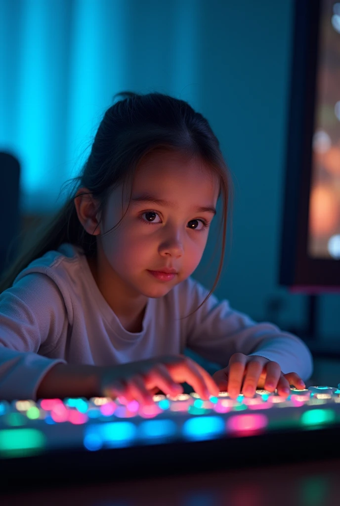 a young girl with gaming keyboard an prectice typing test in vertical