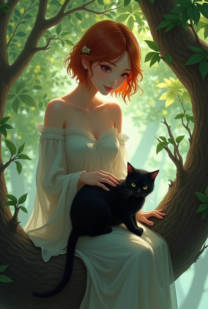 Chinese beautiful woman with short bright hair and dark eyes, sat on a tree with a black cat on her laps