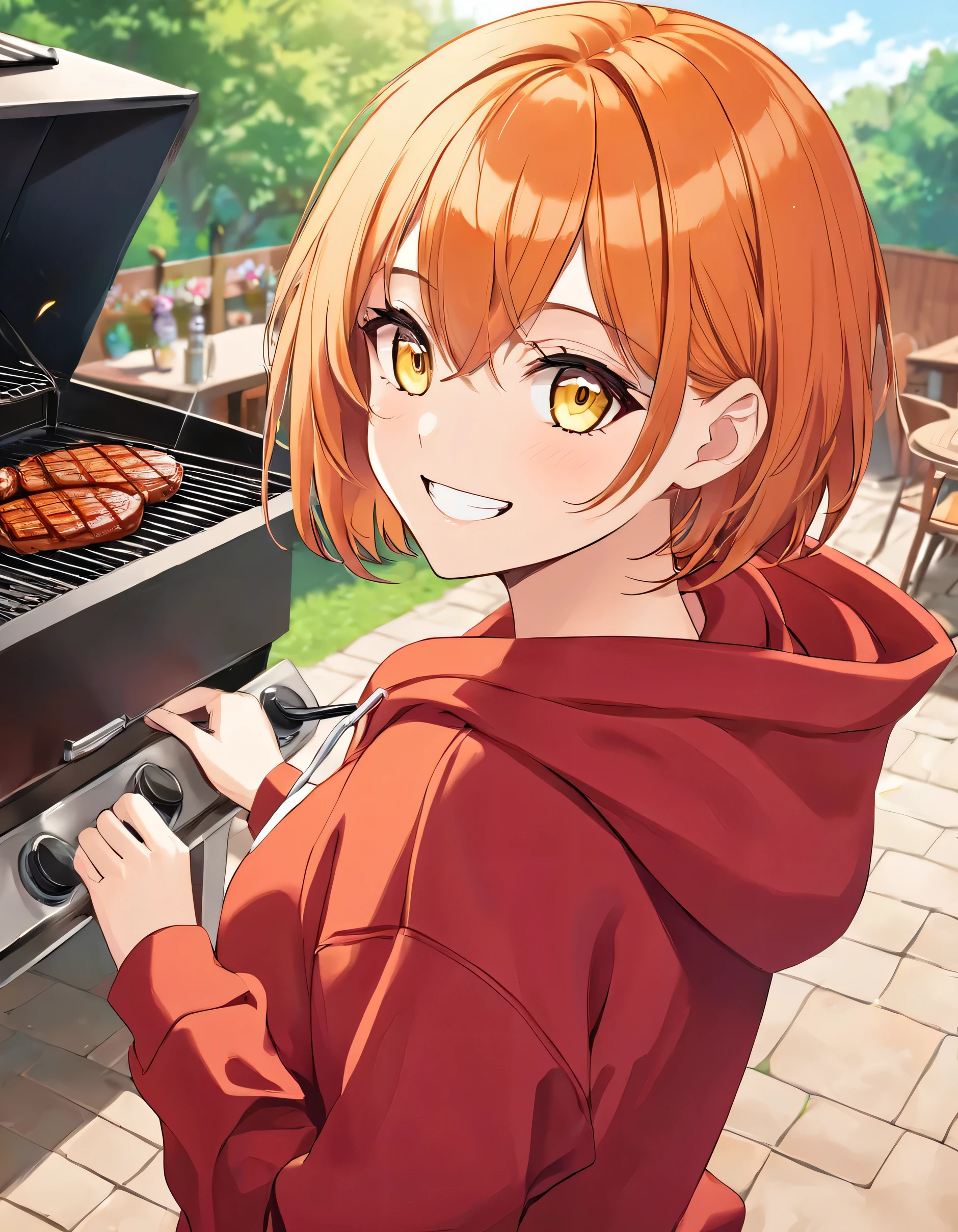 Beautiful smiling adult woman、((Orange short hair))(Yellow Eyes)、(Wearing a crimson hoodie)、Barbecue background