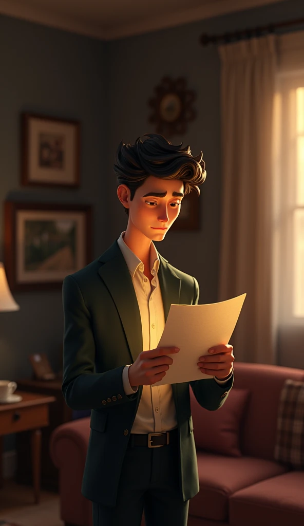 A sad handsome young man reading a letter at his home while standing, pixar style, cinematic, masterpiece, high-aesthetic, portrait