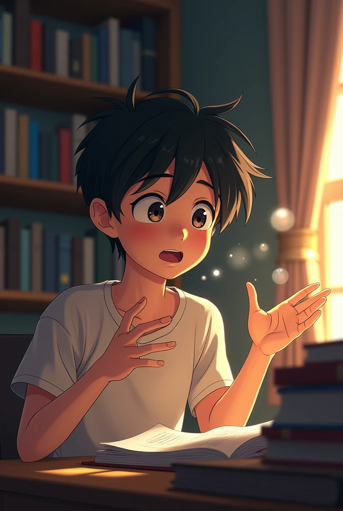 “Create an image in the style of Makoto Shinkai of a person giving an elaborate explanation of a process.”