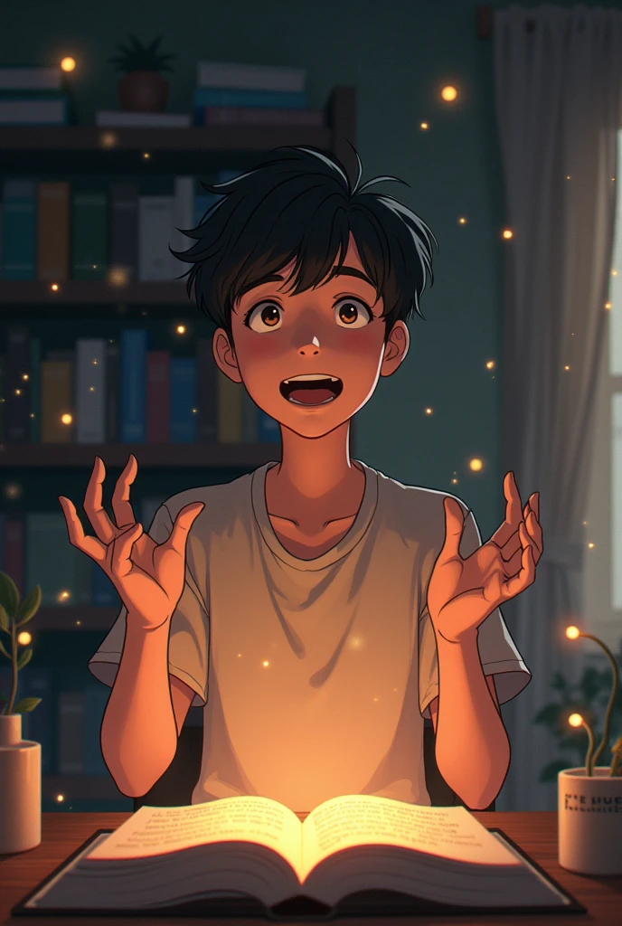 “Create an image in the style of Makoto Shinkai of a person giving an elaborate explanation of a process.”