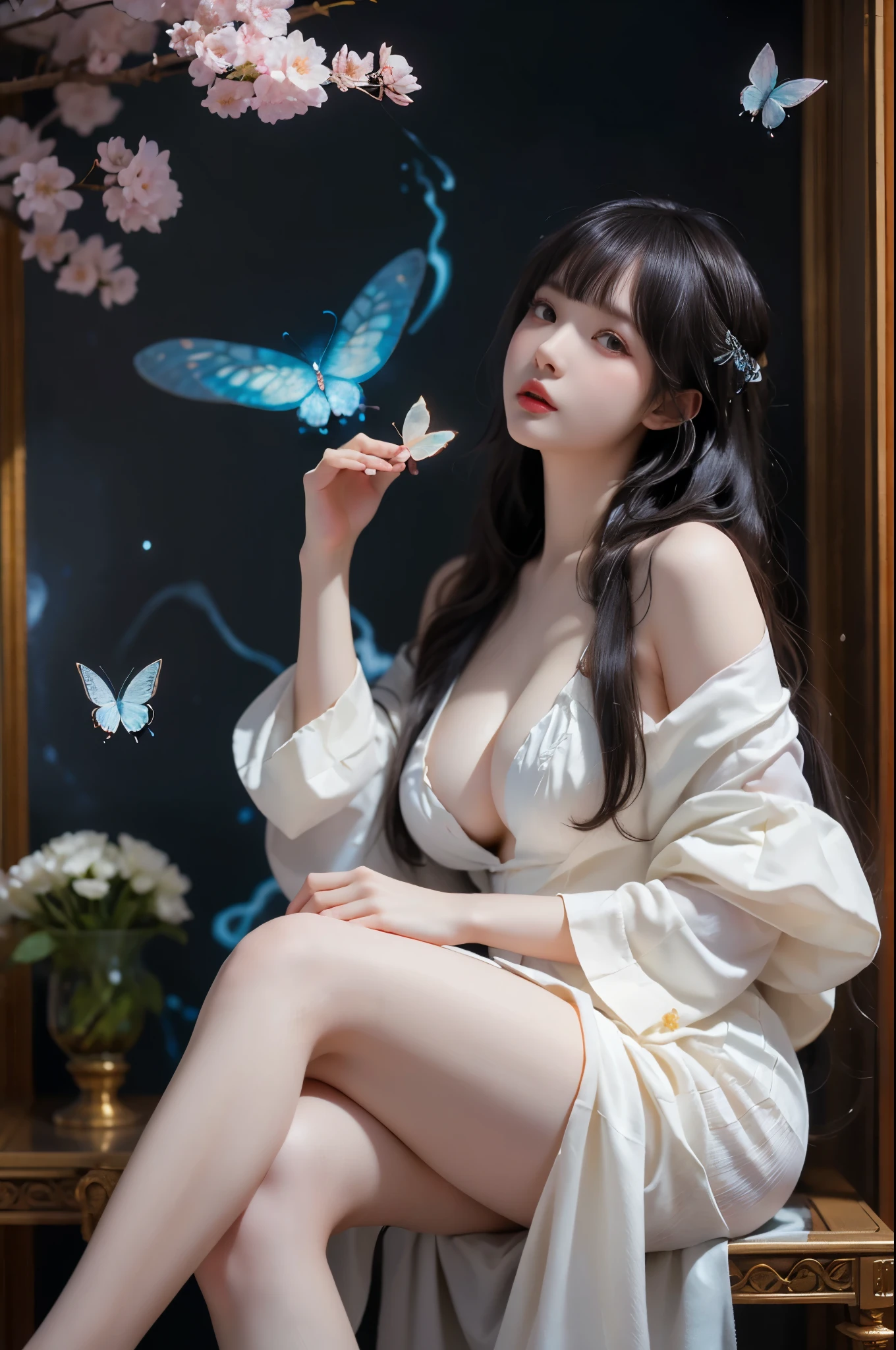  Elegant posture, She gently lifted her skirt with one hand,头发周围有白色的Butterfly兰，Lilac dendrobium、White Lily, Long legs , Deep in Wonderland, ((Flowing long hair))Official Art , Unity8k Wallpaper , Extremely detailed , Visible cleavage, Pretty and beautiful , 性感Long legs, masterpiece , best quality ,Practical, Very detailed illustrations ,Extremely detailed , Intricate details , Extremely complex and detailed , Very detailed 8KCG wallpaper , Caustics .reflection , Ray Tracing , Devil theme ,nebula ,Dark aura, Network Effects , (1 girl)solitary , 小蓝Butterfly , (Blue plasma flame , (insect , Butterfly)) Pastel tones in Rococo style ,Light white and light dark red , Incredibly beautiful , Cherry blossoms , Surrealism ,painting , Ethereal , Mixing reality and fantasy elements ,Ray Tracing , Complex Mode , Exquisite lines , Perfect your hands, Starry Sky , Colorful , Star