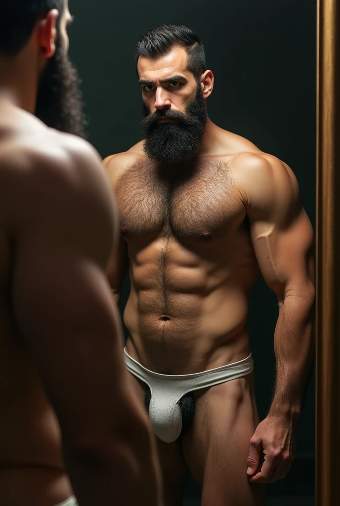 Strong hairy and bearded young Iranian man in front of the mirror naked naked from the stomach down, dental floss, very hairy groin, only bust showing.