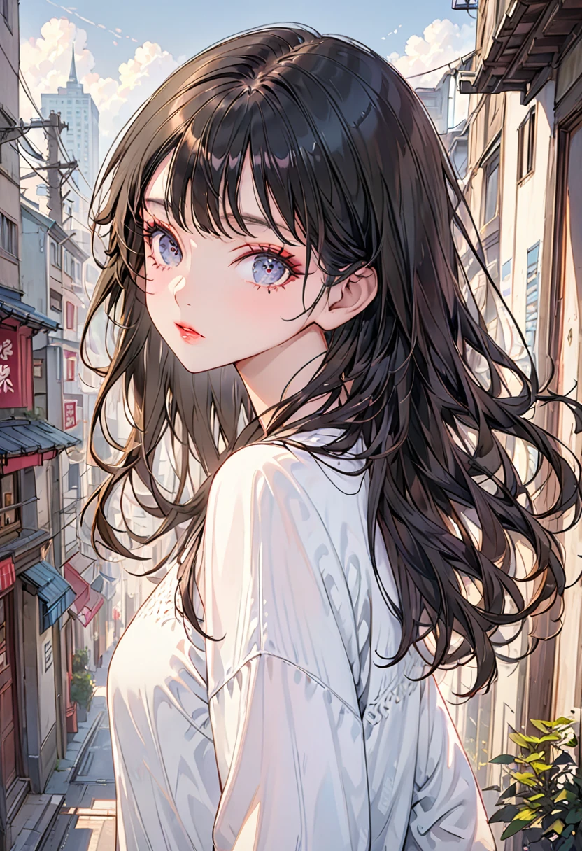The background is an urban city(Highest quality,Very detailed,High resolution:1.2),Slim beautiful girl，very_Long eyelashes, Detailed lips, Cool look, Soft Skin, Shiny Hair,Exquisite makeup,Face up、Casual clothing