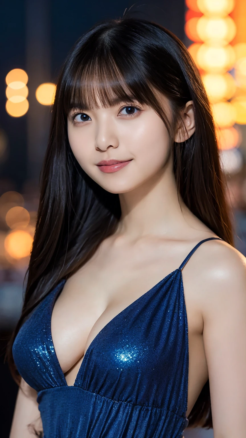 1girl,(wearing a blue glittery evening dress:1.2),(RAW photo, best quality), (realistic, photo-realistic:1.4), masterpiece, an extremely delicate and beautiful, extremely detailed, 2k wallpaper, Amazing, finely detail, extremely detailed CG unity 8k wallpaper, ultra-detailed, highres, soft light, beautiful detailed girl, extremely detailed eyes and face, beautiful detailed nose, beautiful detailed eyes,cinematic lighting,city lights at night,perfect anatomy,slender body,light smile,hips shot,(long hair with bangs), big breast:1.2