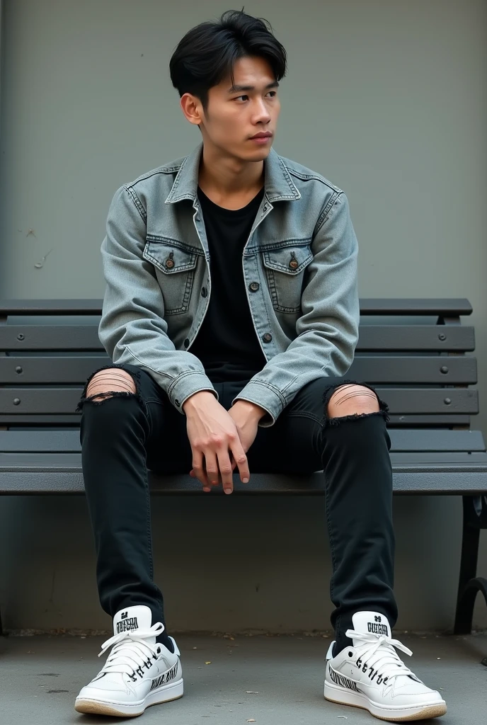 Please make me a photo showing an Asian man sitting facing the viewer on a bench The person is wearing a gray denim jacket, Ripped black pants, and white sneakers with text on it. ...