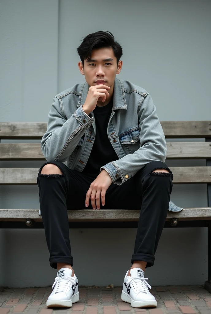 Please make me a photo showing an Asian man sitting facing the viewer on a bench The person is wearing a gray denim jacket, Ripped black pants, and white sneakers with text on it. ...