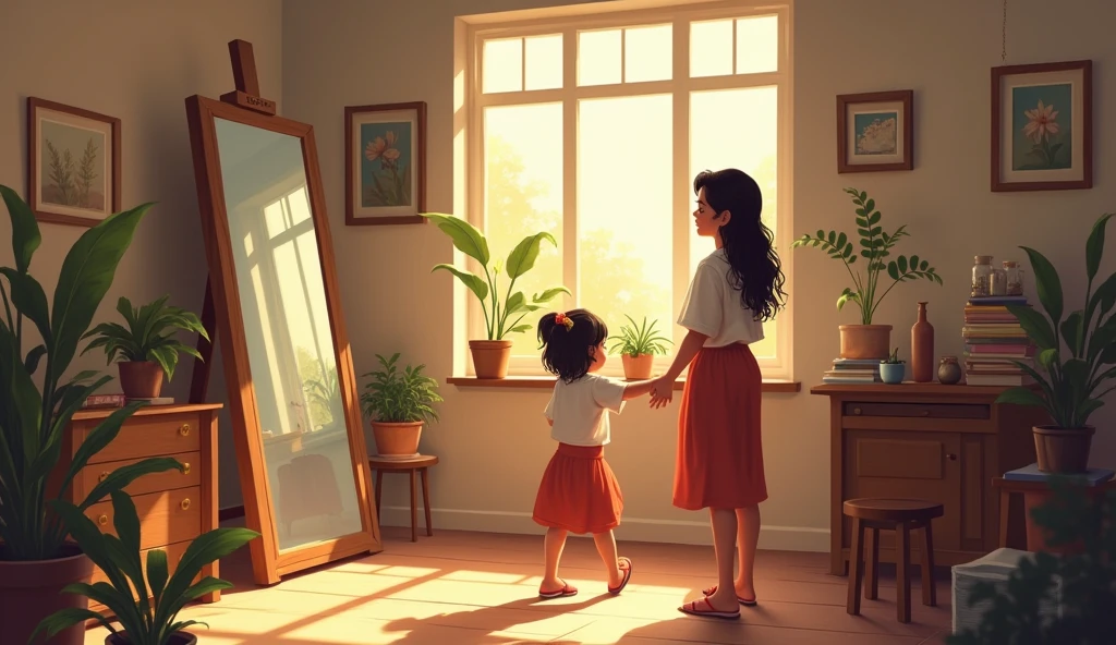 Background: Inside the studio, shifting focus towards the large mirror in the corner. The studio remains cluttered with art supplies, canvases, and warm light filtering through the windows, with the mirror partially hidden behind some stacked paintings.
Style: Maintain the soft, illustrative style with warm and earthy tones, using light to subtly highlight the mirror, making it stand out as a significant element in the scene
Characters: Mira is gently leading Leena by the hand, her expression calm and encouraging. She is slightly ahead, guiding Leena towards the mirror with a reassuring demeanor. Leena, looking uneasy and hesitant, follows reluctantly. Her body language shows her reluctance—shoulders slightly hunched and a cautious step, reflecting her discomfort with facing her reflection