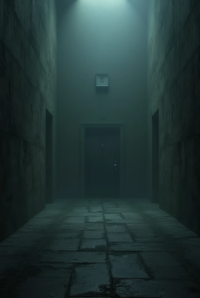 wide dark spooky room with far away closed door