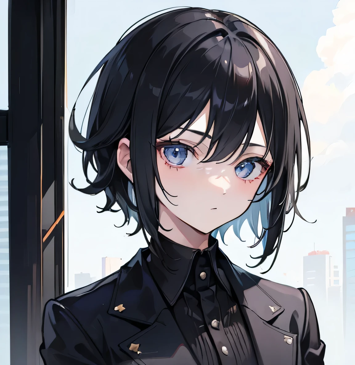 (Highest quality, masterpiece), (Cool and handsome girl , One girl , alone, " Wearing a black suit，Short Hair Girl，Mullet Head，Cool girl，Looking into the camera，cold girl，Head portrait，Mullet Haircut，Messy Hair