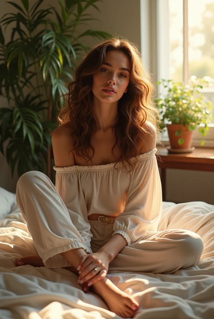 (photorealism:1.2), beautiful woman, sitting on bed, wearing loose off-shoulder top, pajama pants, long curly hair, indoors, soft lighting, plants in background, window with sunlight, cozy room, relaxed pose, realistic, intricate details, warm colors, by Greg Rutkowski, by Alphonse Mucha