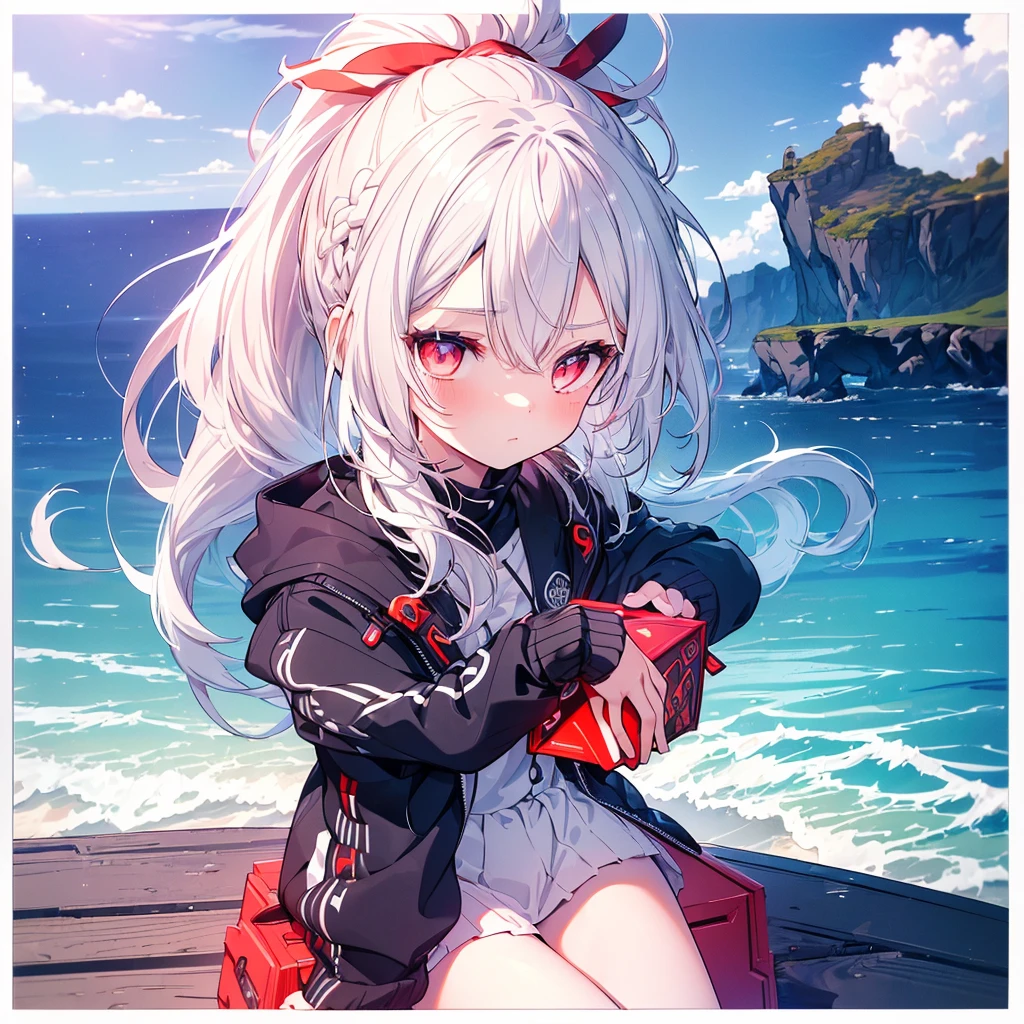 [(Transparent background:1.5)::5],(((masterpiece))),(((best quality))),(((extremely detailed))),illustration, 1girl,solo,mysterious,vivid color,shiny, (ponytail hair),(white hair),(red eyes), full body,long hair tranquil nature, close up,Dynamic actions,Lens perspective, beach(((Box composition))), volumetric lighting, multi-color eyes, detailed eyes, hyper detail