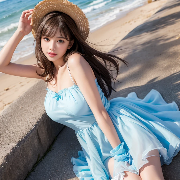 laughing out loud,(knee shot), 1 girl, light brown hair, blunt bangs, hair behind ears, Hair over the shoulders, long hair, Slender body type, Super thin face, face slimming, delicate lips, beautiful eyes, Thin blush, Eyes are light brown,Check it out here, (realistic:1.3), 8k, , Super detailed, high quality, best quality, High resolution, (Full breasts), 3, , (Gauze skirt), (tutu), wearing a light blue flower dress, Cute and elegant pose, (((Gauze puffy dress))), Gauze skirt, five layer Gauze skirt, There is petticoat inside the skirt,The dress is made of chiffon,Soft and fluffy dress, elegant, (Stand on the beach), wearing a straw hat, light blue flower dress,long skirt. hand on hat, Chiffon dress, Flowers all over the dress