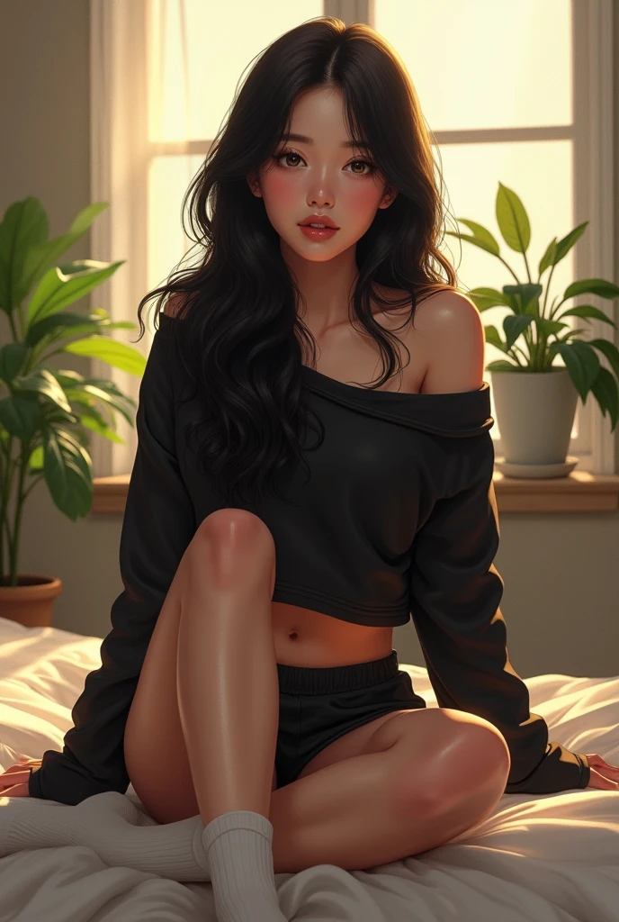 (photorealism:1.2), beautiful woman, sitting on bed, wearing loose off-shoulder crop-top black hoodie, tight pajama shorts, white ankle socks, long black wavy hair, indoors, soft lighting, plants in background, window with sunlight, cozy room, relaxed pose, smooth skin, slim body, perfect body, realistic, intricate details, warm colors, by Greg Rutkowski, by Alphonse Mucha