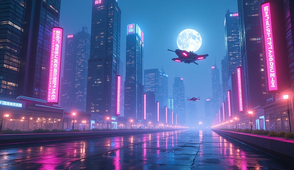 A vibrant, futuristic city skyline at night, filled with neon lights in shades of blue, purple, and pink. Skyscrapers with glowing windows, flying cars in the sky, and a large moon in the background. The atmosphere should feel cyberpunk, with reflections of lights on wet streets.
