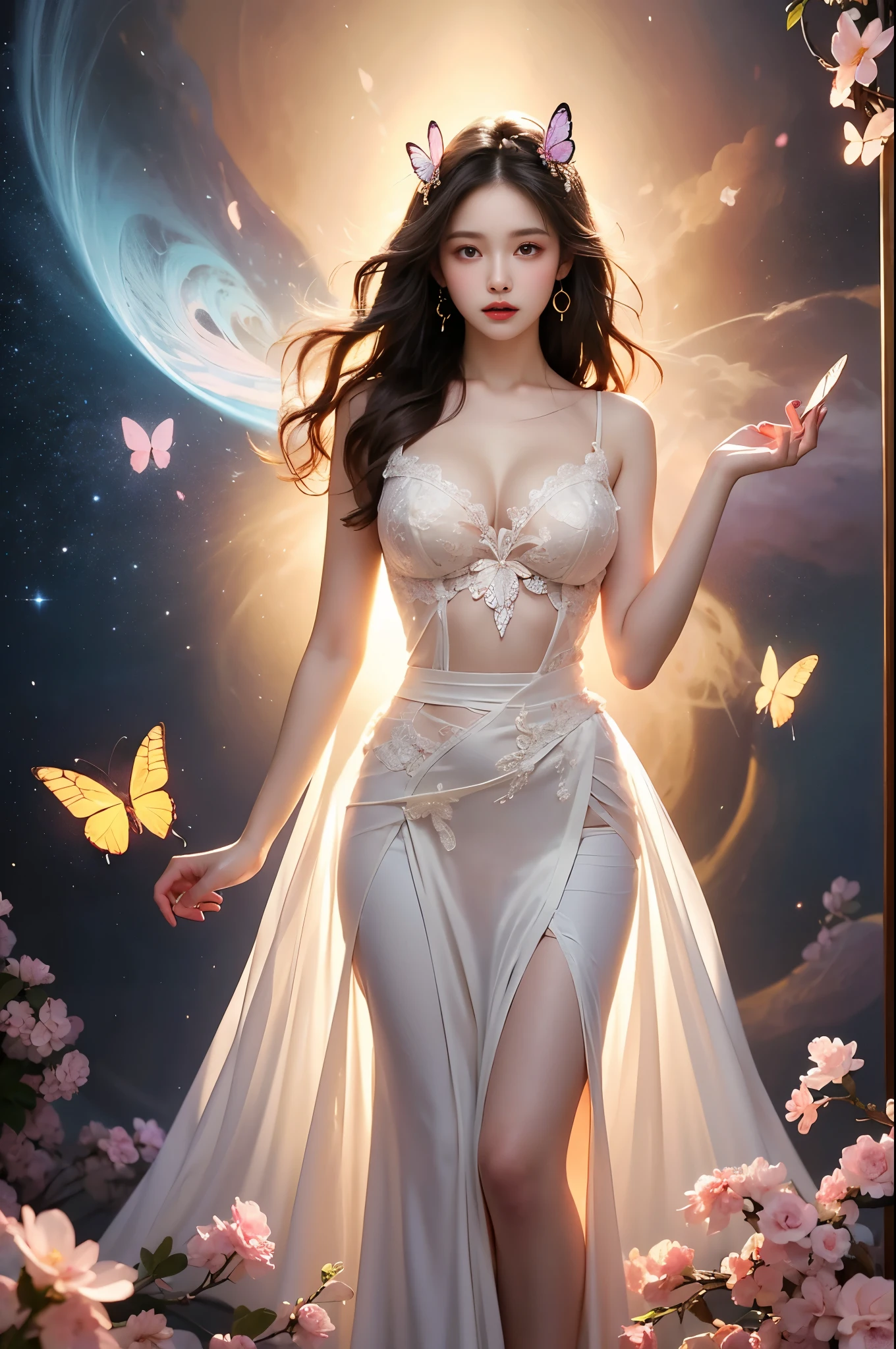  Elegant posture, She gently lifted her skirt with one hand,头发周围有白色的Butterfly兰，Lilac dendrobium、White Lily, Long legs , Deep in Wonderland, ((Flowing long hair))Official Art , Unity8k Wallpaper , Extremely detailed , Visible cleavage, Pretty and beautiful , 性感Long legs, masterpiece , best quality ,Practical, Very detailed illustrations ,Extremely detailed , Intricate details , Extremely complex and detailed , Very detailed 8KCG wallpaper , Caustics .reflection , Ray Tracing , Devil theme ,nebula ,Dark aura, Network Effects , (1 girl)solitary , 小蓝Butterfly , (Blue plasma flame , (insect , Butterfly)) Pastel tones in Rococo style ,Light white and light dark red , Incredibly beautiful , Cherry blossoms , Surrealism ,painting , Ethereal , Mixing reality and fantasy elements ,Ray Tracing , Complex Mode , Exquisite lines , Perfect your hands, Starry Sky , Colorful , Star