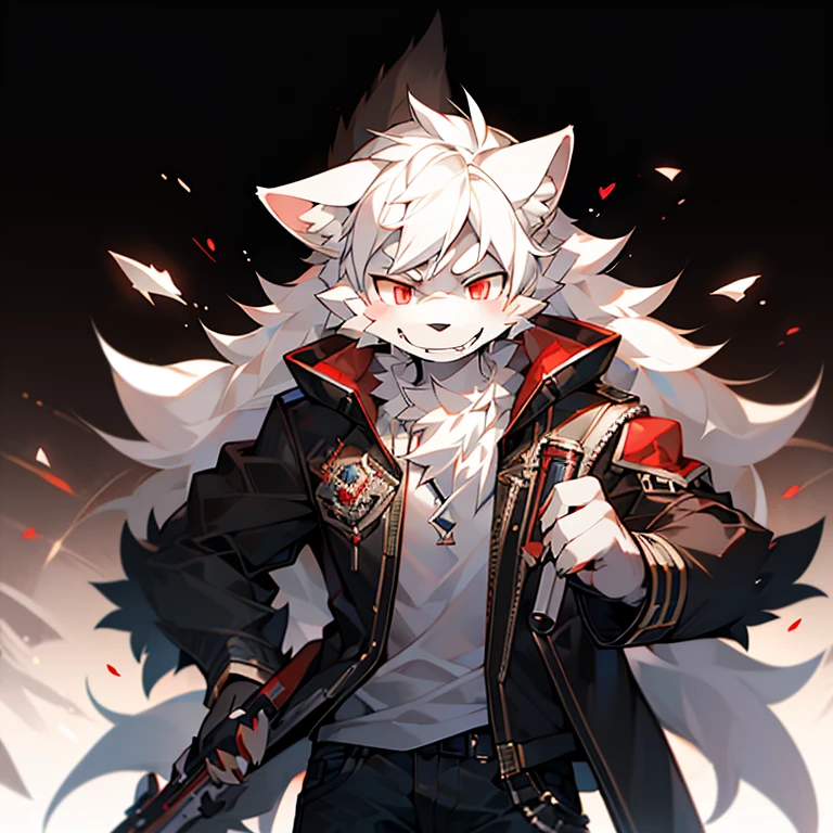 alone person, single, age boy, white wolf, long white hair, furry, ears fluffy wolf, eyesbrown white, red eyes, big wolf, high quality, high resolution, masterpiece, detail, jacket, white shirt, torn black pants, angry, smiling, face staring in behind, holding the death stick,