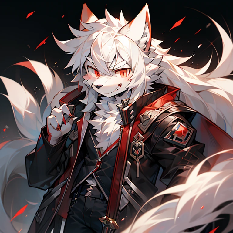 alone person, single, age boy, white wolf, long white hair, furry, ears fluffy wolf, eyesbrown white, red eyes, big wolf, high quality, high resolution, masterpiece, detail, jacket, white shirt, torn black pants, angry, smiling, face staring in behind, holding the death stick,