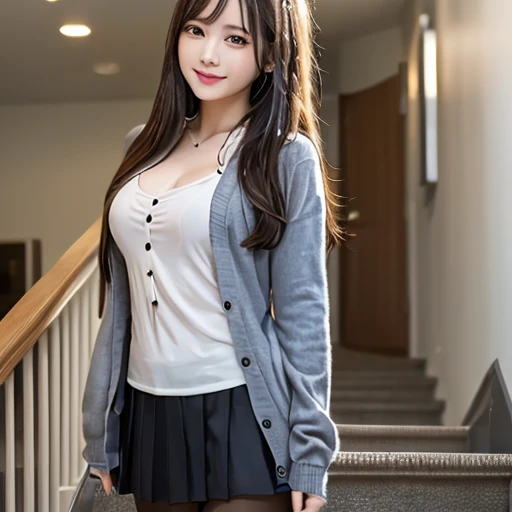 Busty woman on the stairs、high school student、日本のhigh school studentの制服、cardigan、White Shirt、pantyhose、Shot from the bottom of the stairs、Japanese Eyes