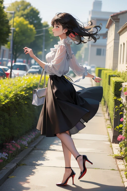 Top Quality, 1girl, full body ,sideshot ,(Hollow skin), (day), bright, blur background, outdoors, (Street:0.6), (hair:1.5), black hair, (Blouse:1.5), maxi skirt, louboutin high heels, superb, (Hair flotation:1.5), soft light, wind, garden, Street