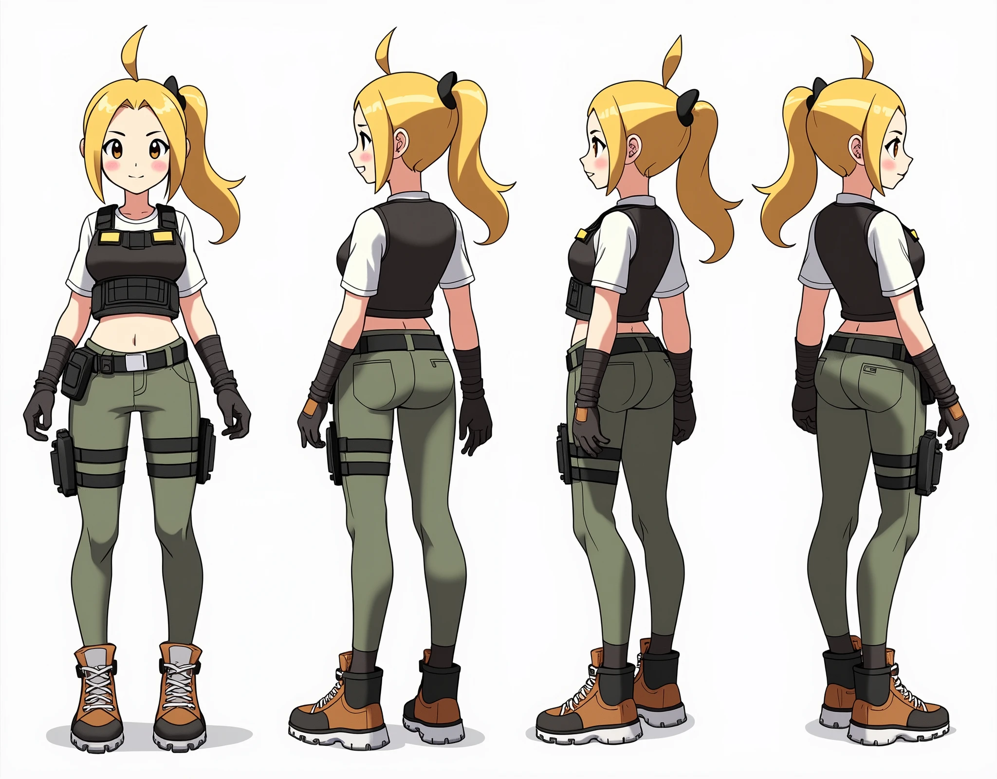 Sonia,pokemon,Standing Girl, cute, 1 girl, , 4-sided design, Diagonals, front, back, profile, Head to body ratio 5, character sheet, whole body, simple background, Four perspectives, tactical gear, bulletproof vest, Good quality, high detail, researcher,Pokemon bowser,ultra detailed, masterpiece, best quality, aesthetic, detailed