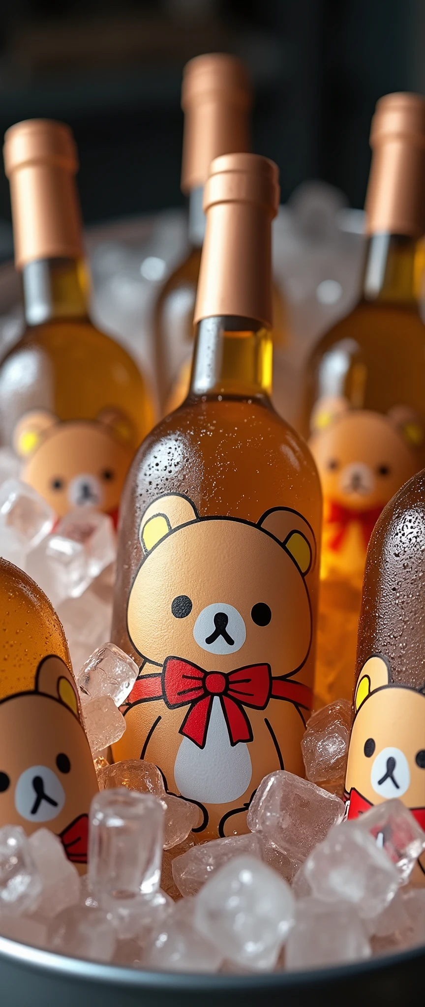 (masterpiece:1.2,Exceptional Quality,mirror-like,Cinematic Experience,Photorealistic,Best illustrations),8k,wallpaper,(Vintage wine bottles with Rilakkuma illustrations are kept in a wine cooler filled with ice.:2.0),(Countless ice cubes:2.0),Water Drop,cute,relax,Healing