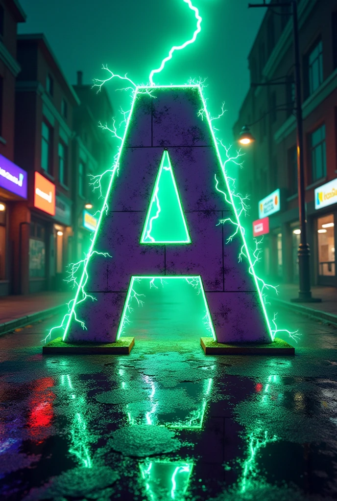 Letter a , number 5, street view, green , purple , theme lightning 
