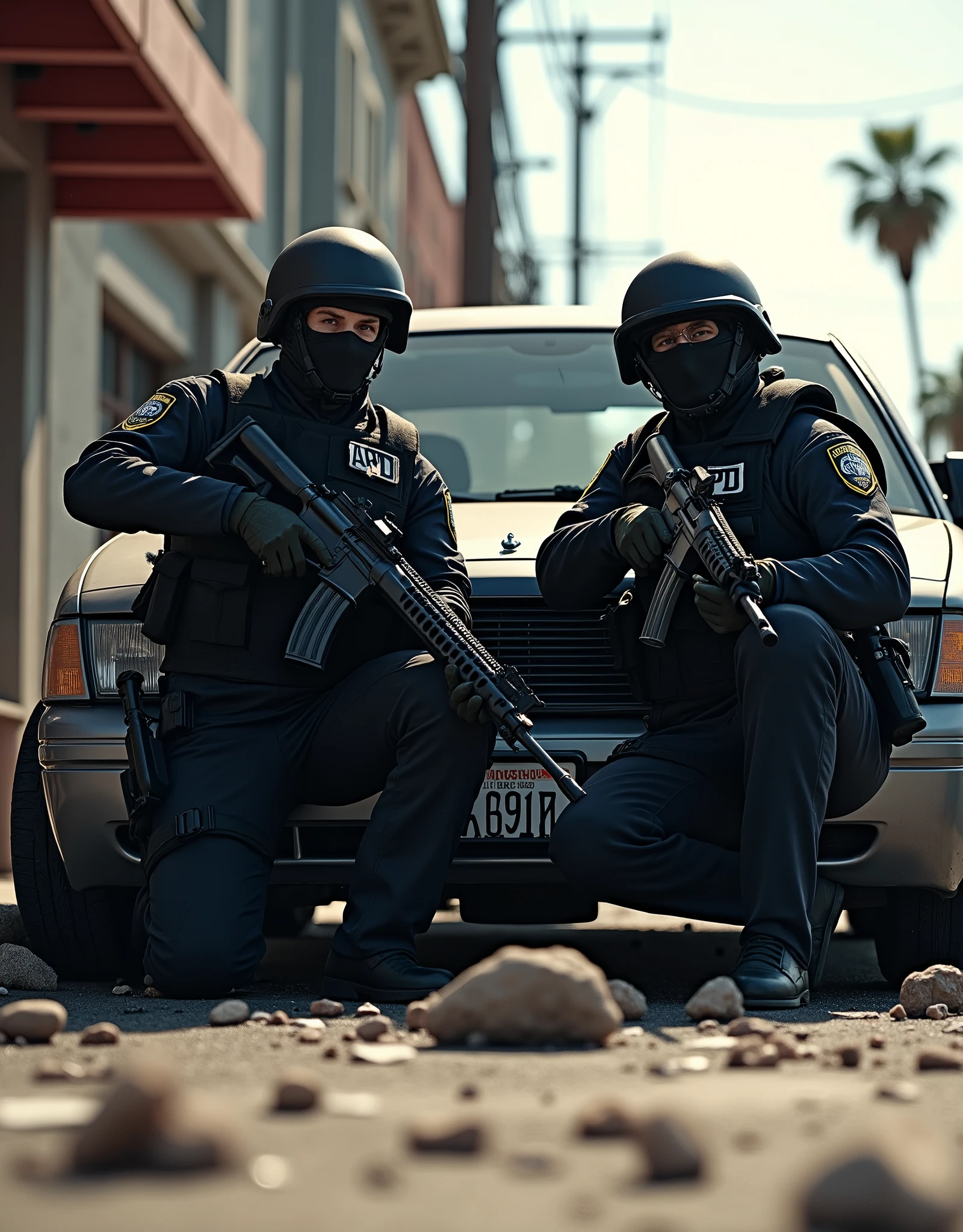 Make an image for two LAPD SWAT officers hiding behind a bullet-hole-ridden sedan in a street in Los Angeles, using assault rifles