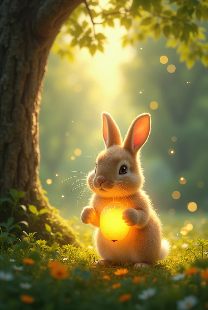 Here is a detailed prompt to generate images for each sentence of the story, **"Little Margo and the Secret of the Meadow"**, point-wise:

1. **Margo, a small, fluffy bunny, loved hopping through the woods, nibbling on clover and basking in the sun.**
   - Generate a serene woodland scene with a small, fluffy bunny (Margo), hopping around and nibbling on clover. The scene is bright and sunny, with rays of sunlight streaming through the trees.

2. **One sunny afternoon, while playing near a bubbling brook, she noticed something unusual—a trail of sparkling footprints leading towards the meadow.**
   - Show Margo playing near a clear, bubbling brook. The focus should be on a trail of sparkling, glowing footprints leading away towards a bright and open meadow in the distance.

3. **Curious and a little brave, Margo followed them.**
   - Illustrate Margo cautiously hopping along the trail of glowing footprints, her ears perked up, and eyes wide with curiosity as she ventures toward the meadow.

4. **As she ventured further, the trees around her seemed to whisper secrets of the forest, guiding her to a hidden part of the meadow she had never seen before.**
   - Depict Margo surrounded by trees that appear enchanted, with swirling, magical light and soft whispers of wind. The scene feels mysterious, with a glowing path leading toward a hidden part of the meadow.

5. **There, beneath a grand oak tree, lay a glowing, golden acorn.**
   - Create a majestic oak tree in the center of the meadow with a glowing, golden acorn lying at its base. Margo stands in awe, looking at the magical object.

6. **Margo's heart raced with excitement. She knew this was no ordinary acorn; it held a magical secret!**
   - Show a close-up of Margo, her eyes wide with excitement, her little paws reaching toward the glowing acorn, while magical light radiates from it.

7. **Gathering her courage, Margo decided to protect the golden acorn and uncover the mystery it held.**
   - Illustrate Margo stan