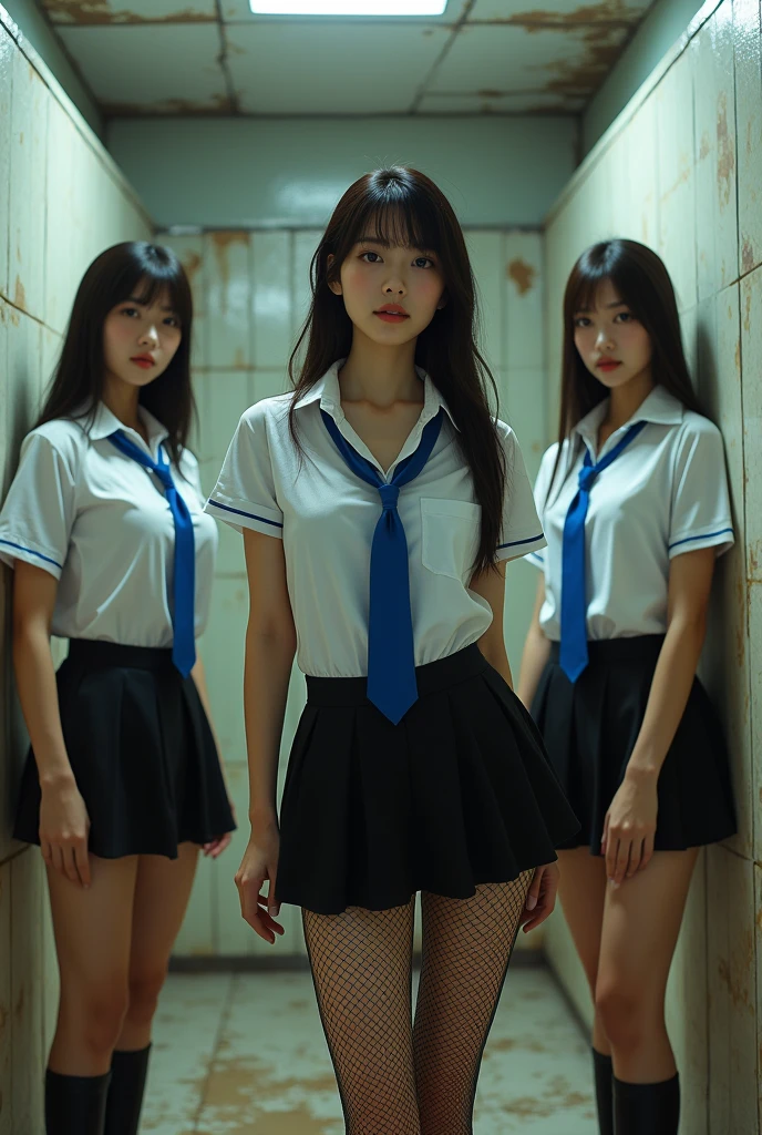 A shabby and worn-out public restroom).Korean woman.korean beauty.Korean model.South Korean girl groups. She is wearing a tight white school uniform shirt, a blue tie, a black skirt, a short tight school uniform skirt, and black fishnet stockings that reach her thighs..
(Big hearted).(full body shot).(front shot).realistic.G-cup chest.
The pelvis is a supermodel. The shirt button is undone, revealing a black bra..(((5 girls)))
