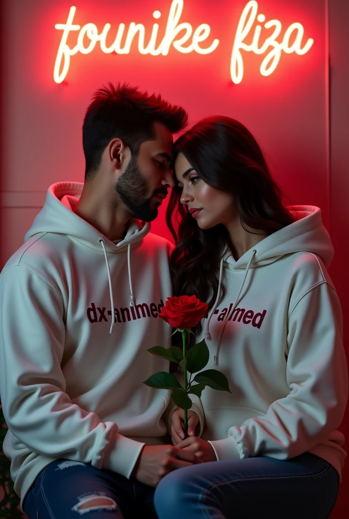 A 4K detailed portrait of a handsome man and a beautiful 30-year-old woman in white hoodies. "Dx-Ahmed" is on his hoodie, "Fiza" on hers. She holds a red rose while sitting, with a neon-lit wall behind them reading "Dx-Ahmed loves Fiza." The mood is romantic and serious.