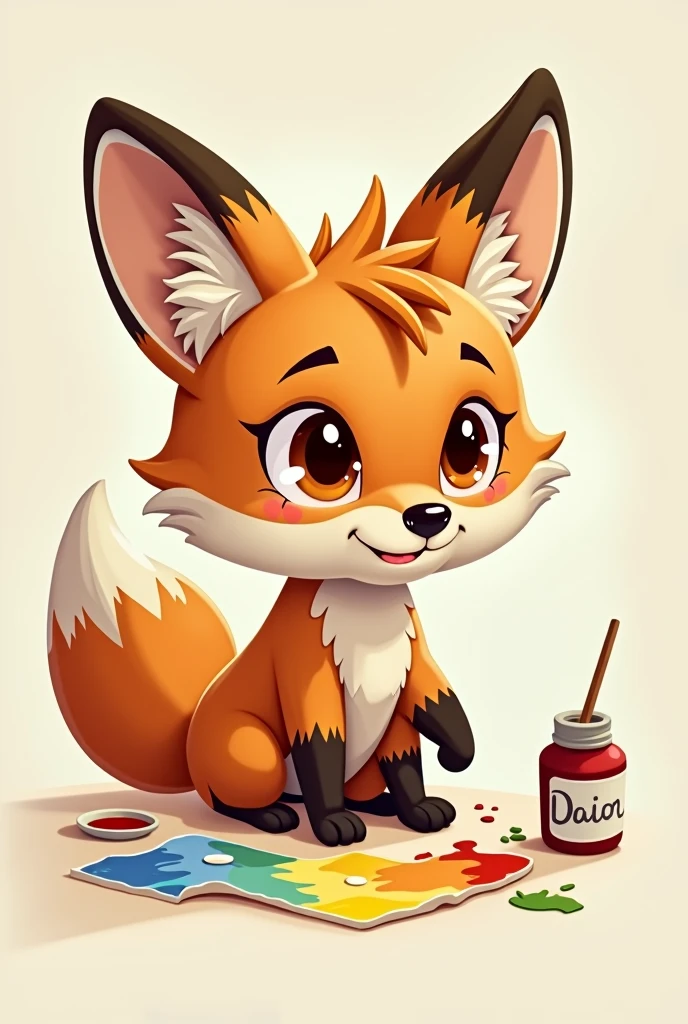 Male young fox as cartoon character with brown eyes painting something on the ground, without background