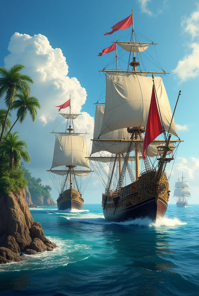 Make a poster of a Dutch ship with a flag and a Portuguese ship with a flag entering Indonesia.