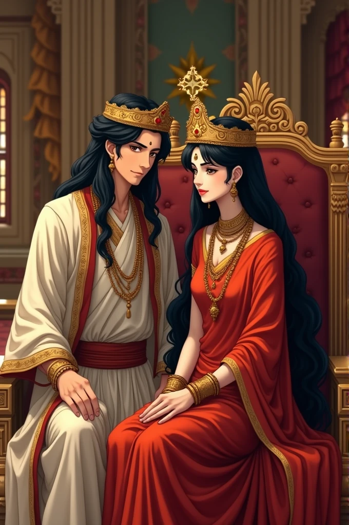 ((best quality)), ((masterpiece)), (detailed),((animated))
So I want a image that looks like 500 year old painting of Baji keisuke with long silky Black hair from Tokyo revengers in Indian king clothes wearing a king crown along with an Indian queen with black hair , brown eyes wearing a red sari. Both are sitting on throne beside each other in a beautiful Indian palace and don't forget it should look like a 500 years old painting