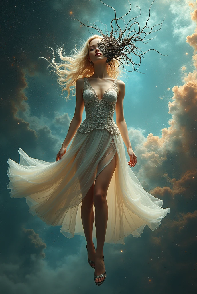 photorealistic full body image of a woman with a head full of wires floating in universe surreal scene, karol bak uhd, beautiful digital artwork, blonde girl in a cosmic dress and high heels, 8k highly detailed digital art, digital art fantasy, digital art fantasy art, gorgeous digital art, digital fantasy art ), detailed fantasy digital art, digital fantasy art, beautiful sci fi art, cyborg goddess in cosmos, cosmic surreal scenery