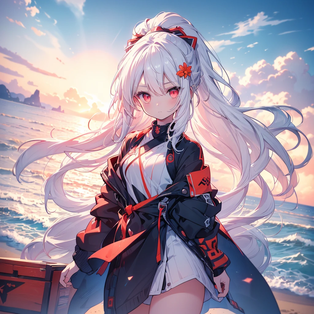 [(Transparent background:1.5)::5],(((masterpiece))),(((best quality))),(((extremely detailed))),illustration, 1girl,solo,mysterious,vivid color,shiny, (ponytail hair),(white hair),(red eyes), full body,long hair tranquil nature, close up,Dynamic actions,Lens perspective, beach(((Box composition))), volumetric lighting, multi-color eyes, detailed eyes, hyper detail
