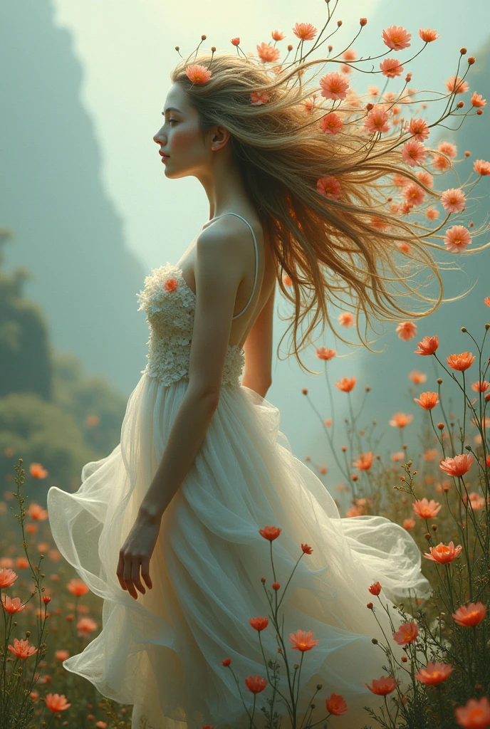 Surreal Scene art、Surreal figures、Hair is a flower、Beautiful woman、Countless vinegar flowers々、