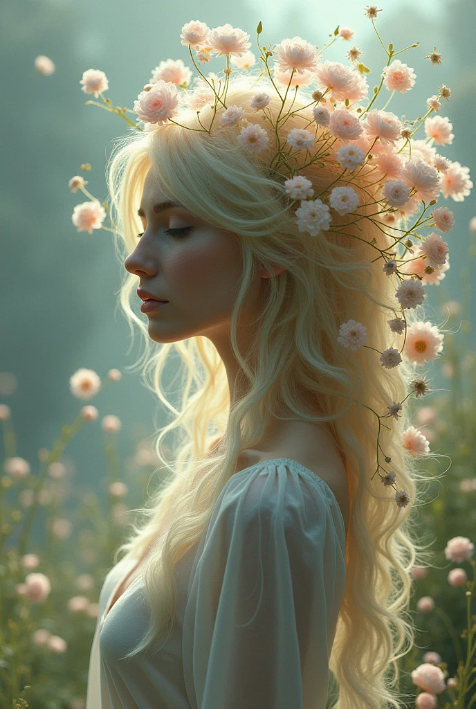 Surreal Scene art、Surreal figures、Hair is a flower、Beautiful woman、Countless vinegar flowers々、
