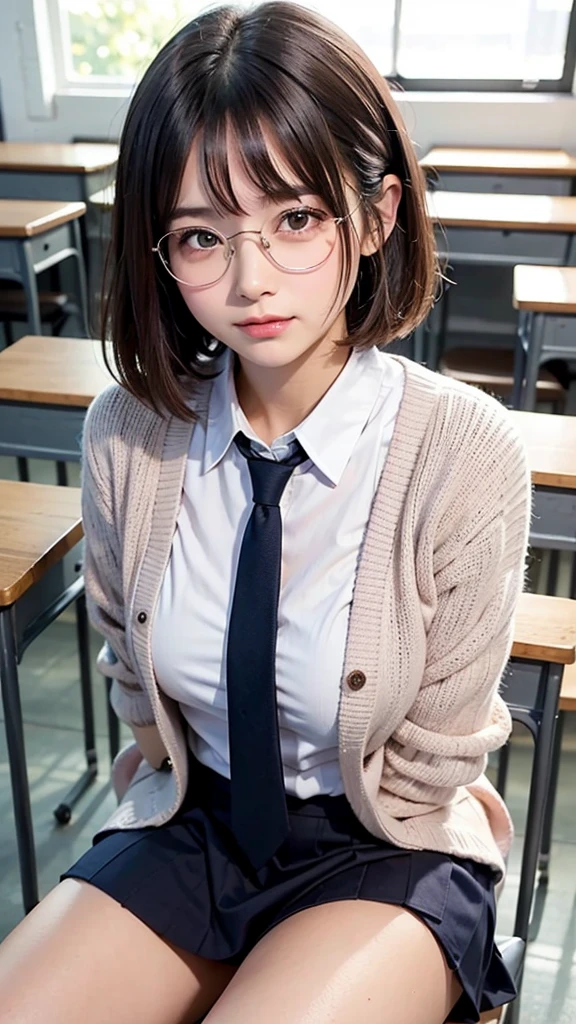 (masterpiece, Best Quality:1.2), 8K, 1 girl, 1 Japanese girl, 85 mm, Official art, Raw photo, Pretty Face, close up, face focus, cute Girl, Cinch waist, beauty thighs, soaking wet, sweat, medium breasts, white shirt with large ribbon, pink cardigan, blue tie, blue checkered skirt, large round glasses, sitting, spread legs, in a classroom, Looking at Viewer, No makeup, (aroused, embarrassed, blush :1.2), Film grain, chromatic abberation, Sharp Focus, face lights, clear lighting, , Detailed face, Bokeh background
