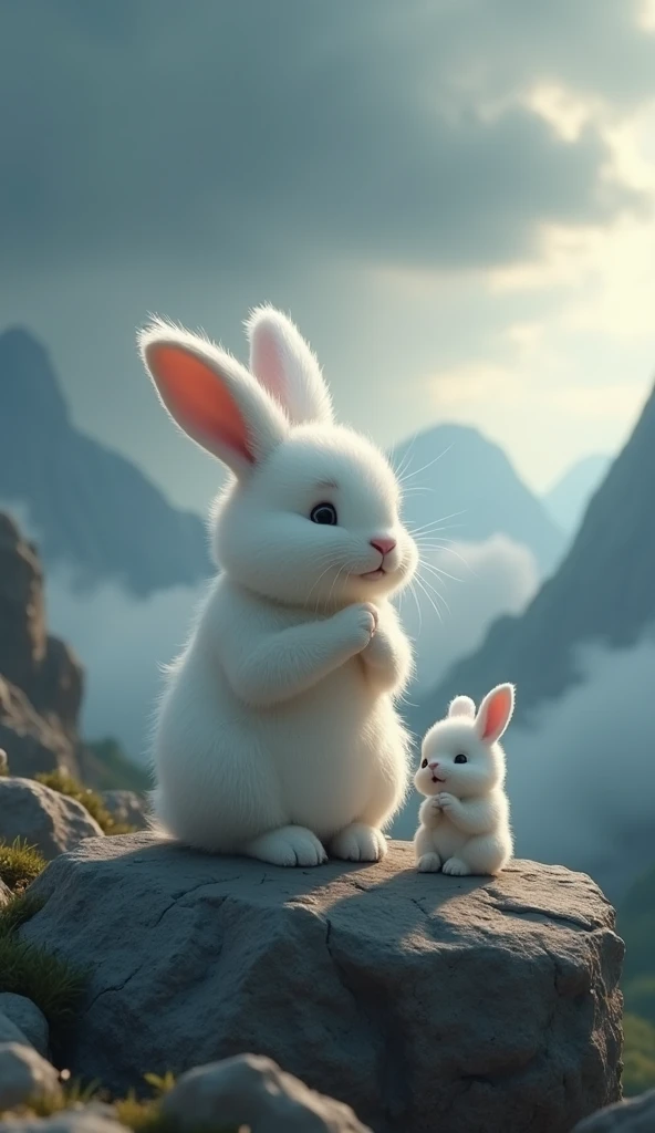 There is a small rabbit of white colour whose hair is like feathers. Its face is very innocent. And there is a dog's baby which is very innocent and cute. It is hanging on a stone hill. It is very scared. And the rabbit is standing on the hill and is holding the hand of the dog to save the dog. There are stone mountains in the background and there are dark clouds in the sky.image in 3d animation