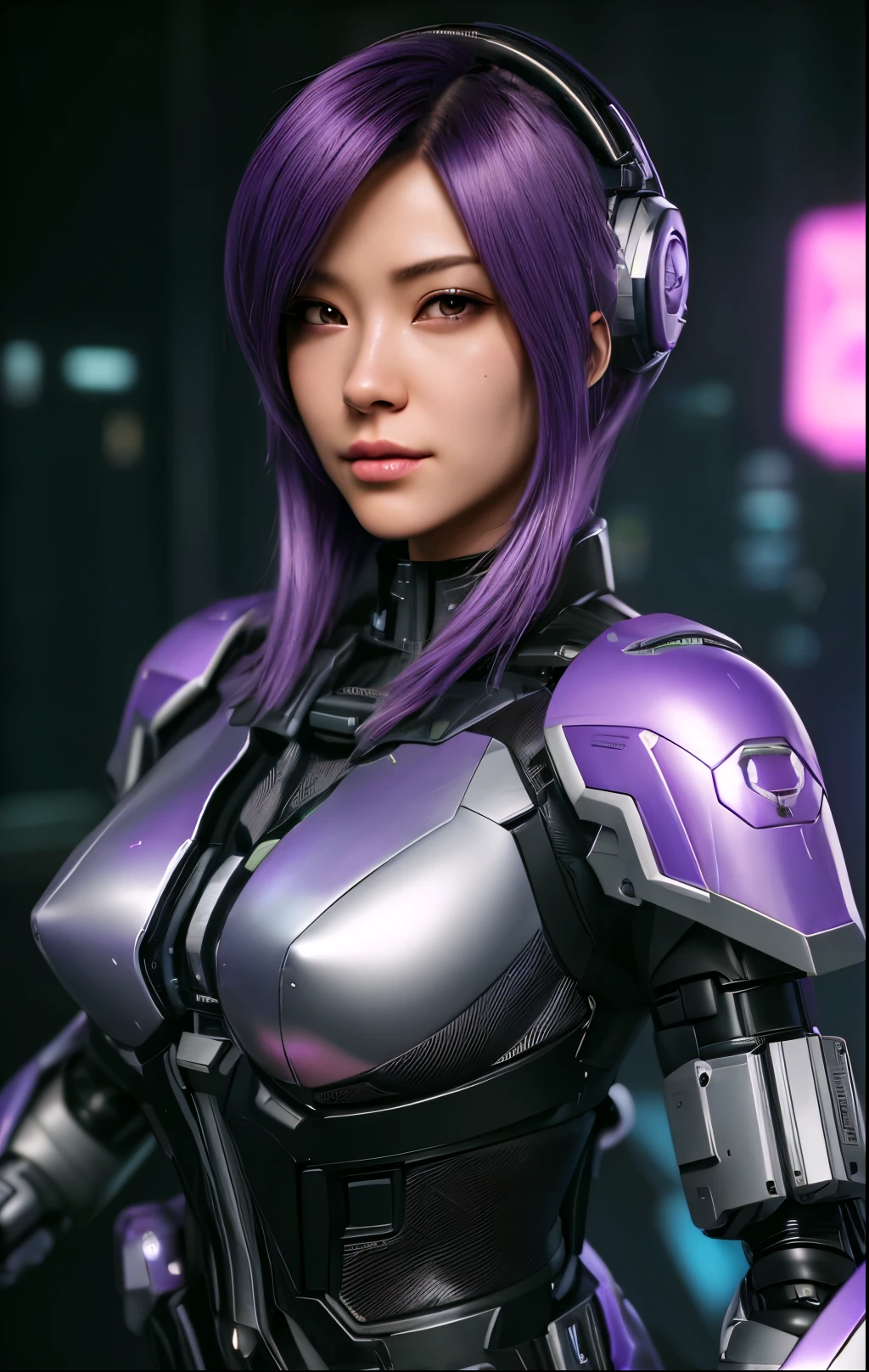 A close-up of a woman in a futuristic suit with purple hair, female cyberpunk anime girl, girl with mecha cybernetic armor, linda chica cyborg, cyberpunk anime girl mech, 3D 8k rendering character art, cyberpunk anime girl, cyberpunk anime digital art, perfect anime cyborg woman, ross tran 8k, cyber suit, cyber suit, anime ciberpunk