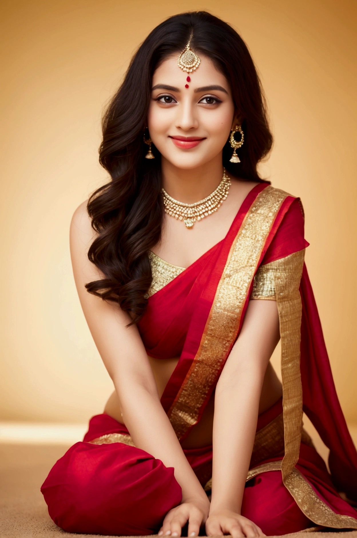 Masterpiece, woman , gorgeous sparking bright eyes, HD quality, Best Quality, pearly skin, looking a viewer, sitting, bare footed, Simple background with logo, From Bottom, indian attire, wearing dark red saree, bindi on forehead, goddess, indian jewelery, beautiful detailed eyes,beautiful detailed lips,realism style,dynamic pose,full body,8k quality,depth field,wavy long black hair,professional portrait lighting,vivid colors,ultra-sharp focus,soft natural lighting,sophisticated expression,breathtaking composition,subtle background,highres, smiling