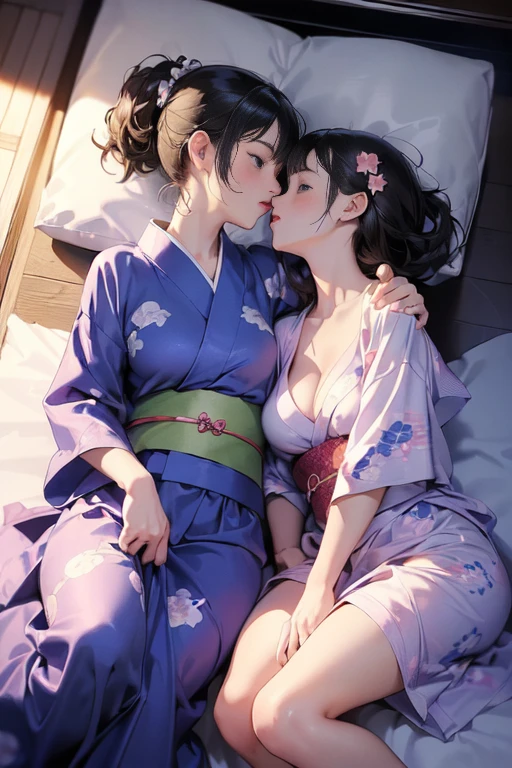 Ponytail sisters，hostel，yukata，Unbuttoned，sexy，They are hugging each other